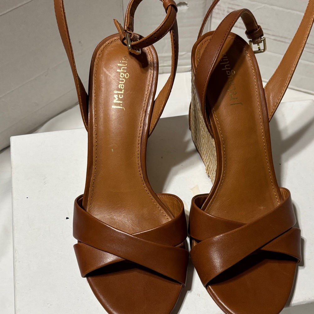 J. McLaughlin Tan Leather criss cross Wedge Sandals with rathan. EUC